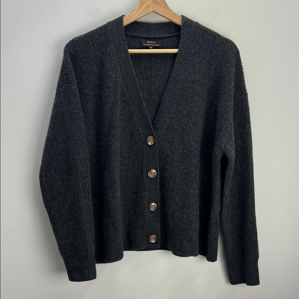 Quince Mongolian Cashmere Fisherman Boxy Cropped Cardigan Sweater Gray Womens XS - Picture 1 of 9